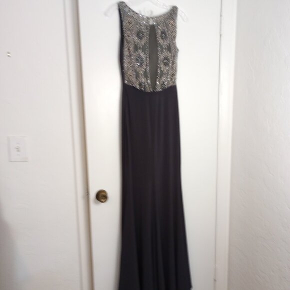 Ellie Wilde Mon Cheri Navy Beaded Accent Long Gown - Picture 5 of 14